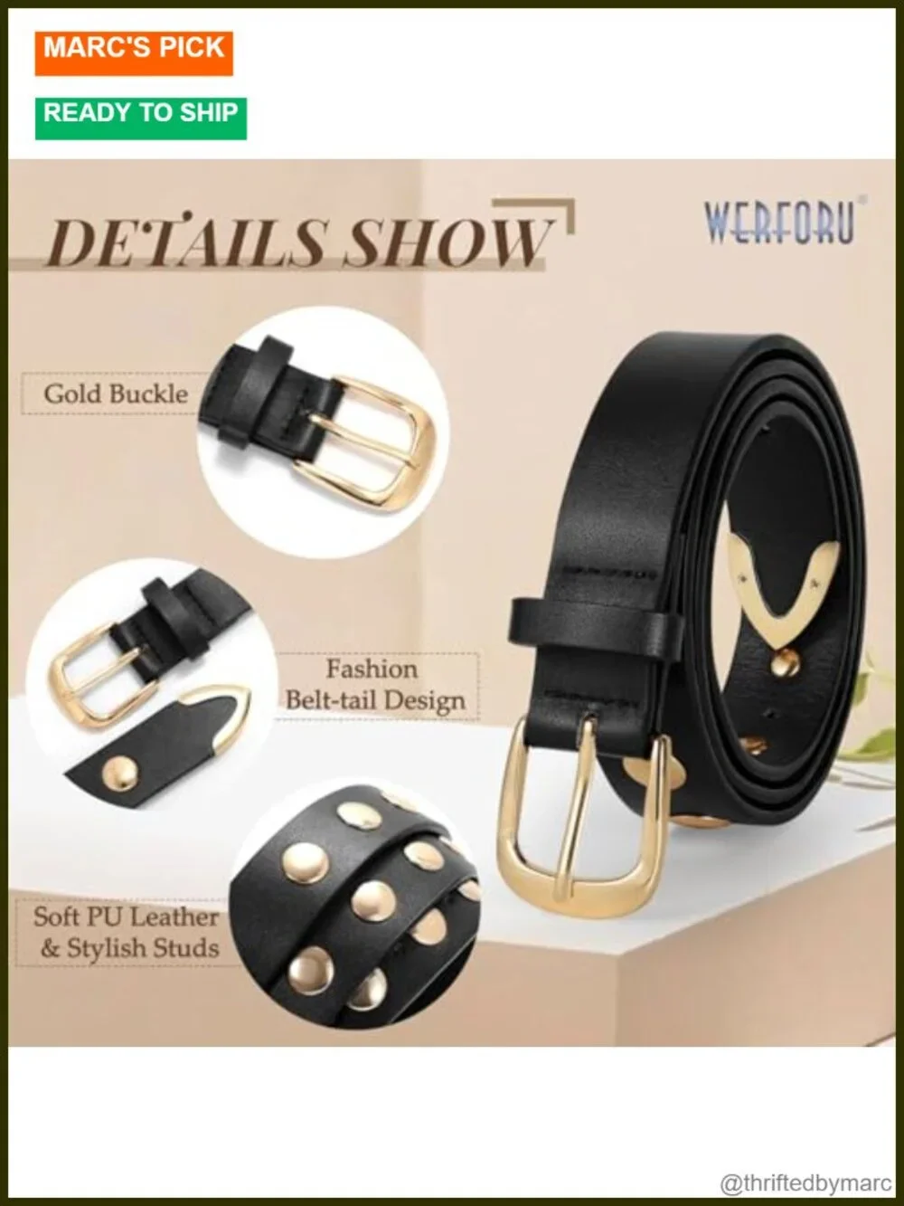 Faux Leather Studded Belt with Gold Buckle Punk Vintage Adjustable